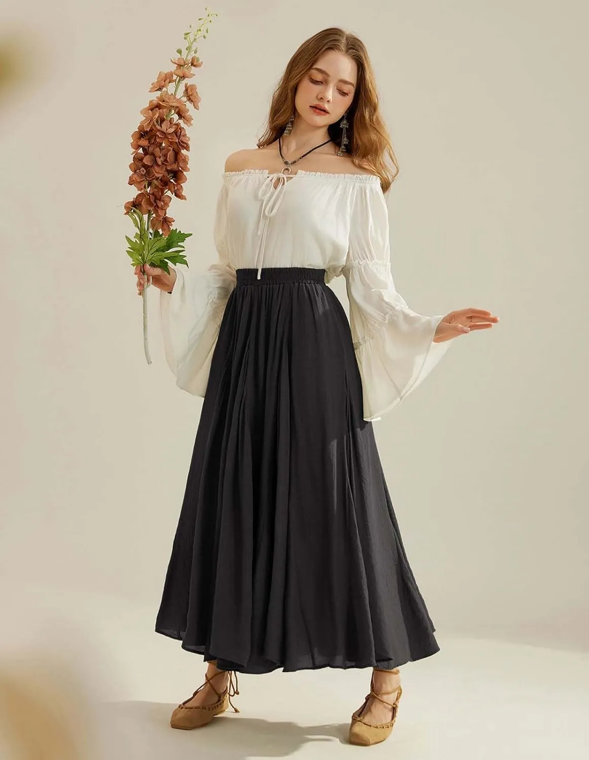 Scarlet Darkness Women Casual Maxi Skirt Flowy Bohemian Renaissance Long Skirts