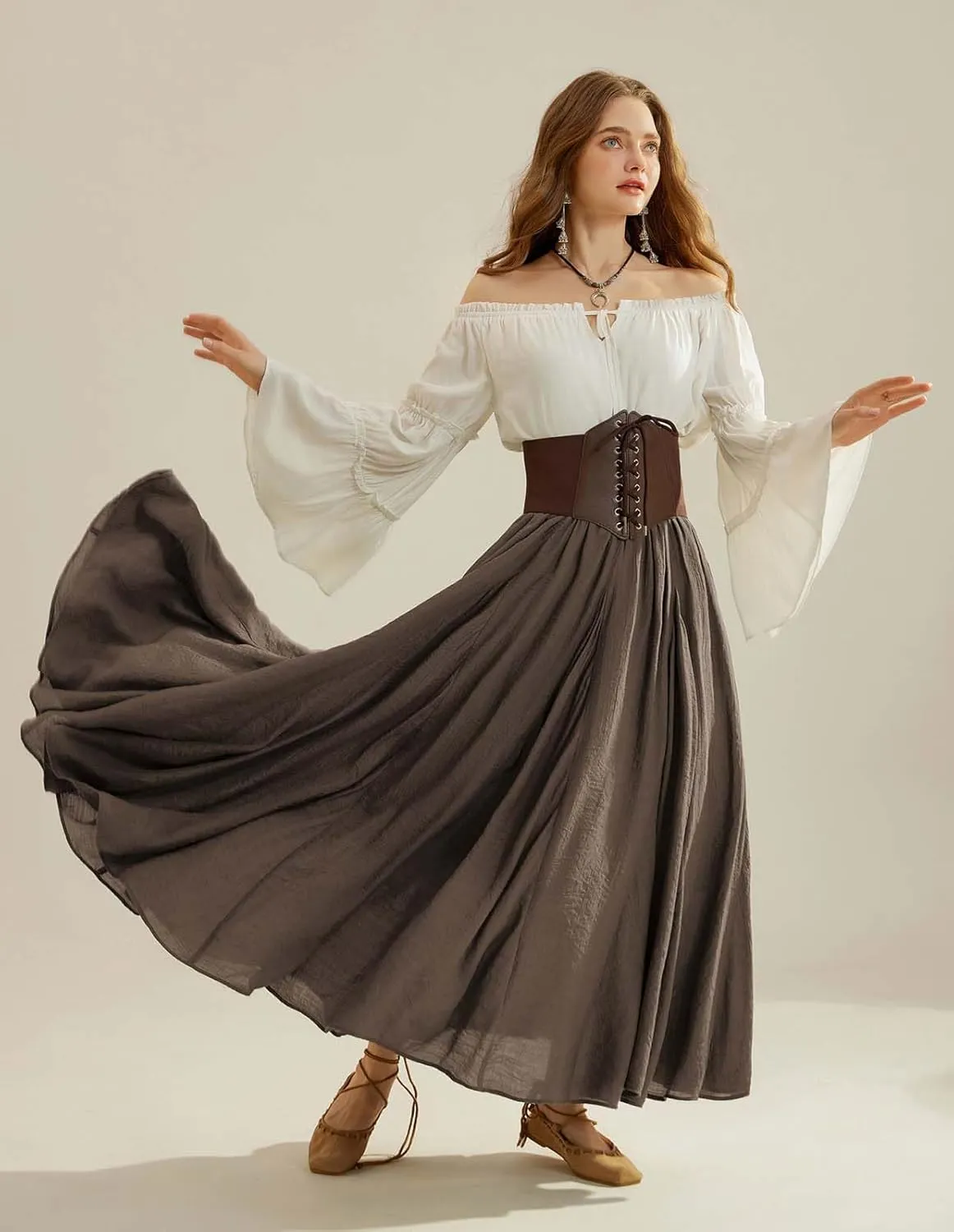 Scarlet Darkness Women Casual Maxi Skirt Flowy Bohemian Renaissance Long Skirts