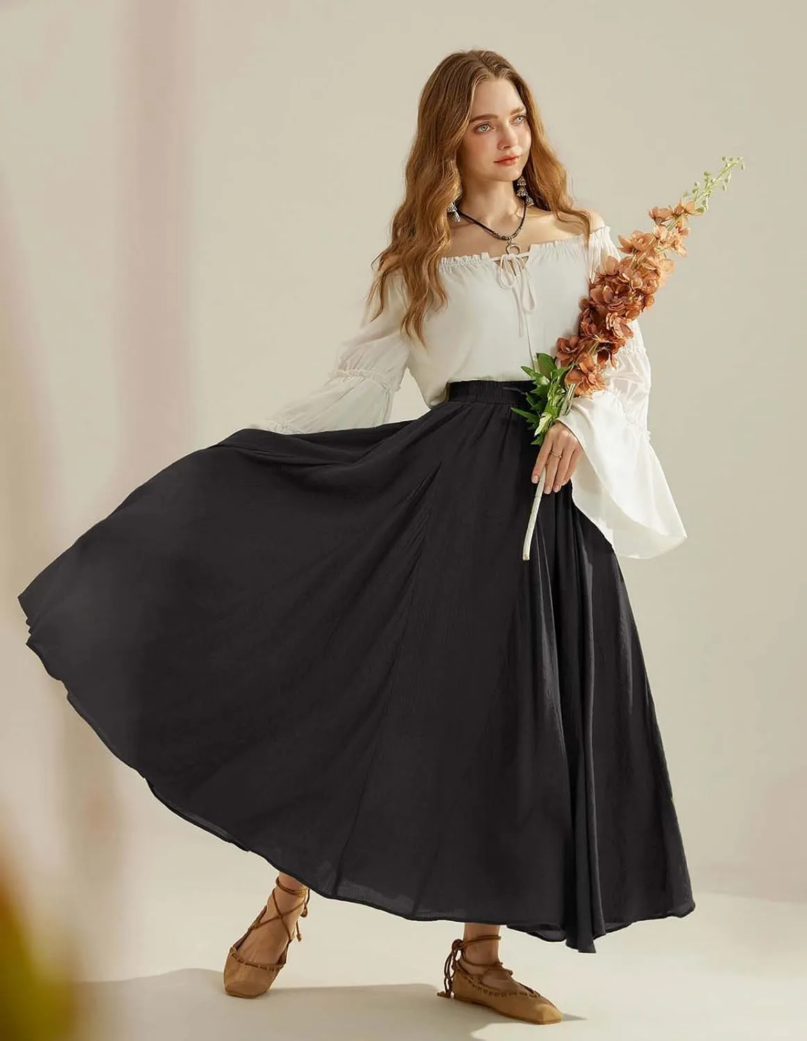 Scarlet Darkness Women Casual Maxi Skirt Flowy Bohemian Renaissance Long Skirts