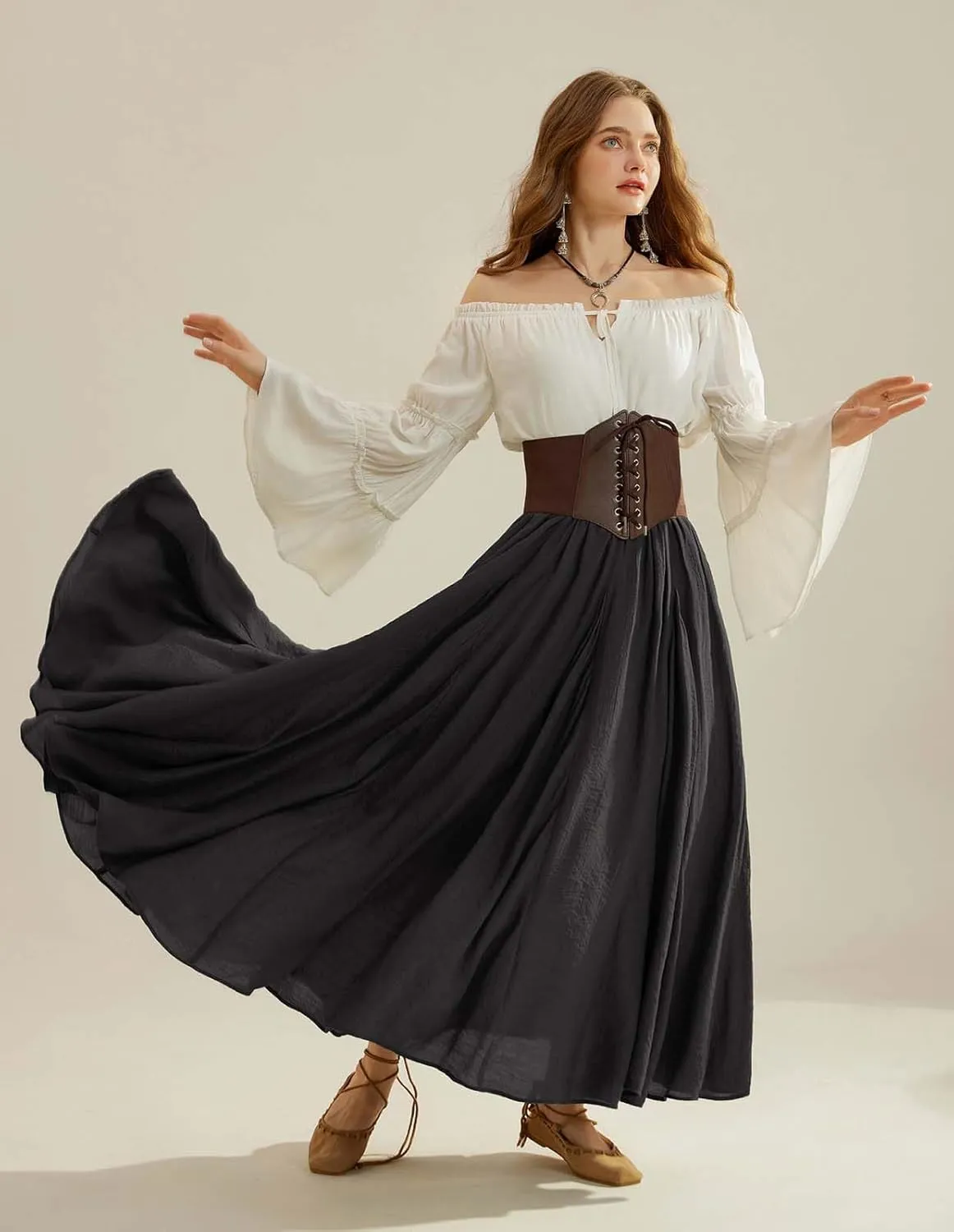 Scarlet Darkness Women Casual Maxi Skirt Flowy Bohemian Renaissance Long Skirts
