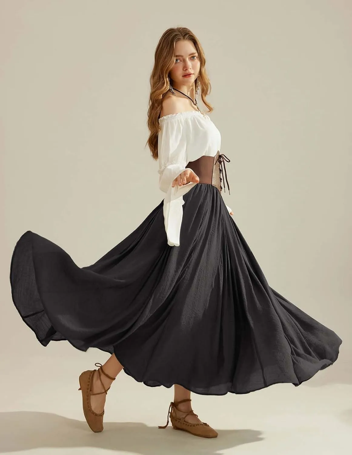 Scarlet Darkness Women Casual Maxi Skirt Flowy Bohemian Renaissance Long Skirts