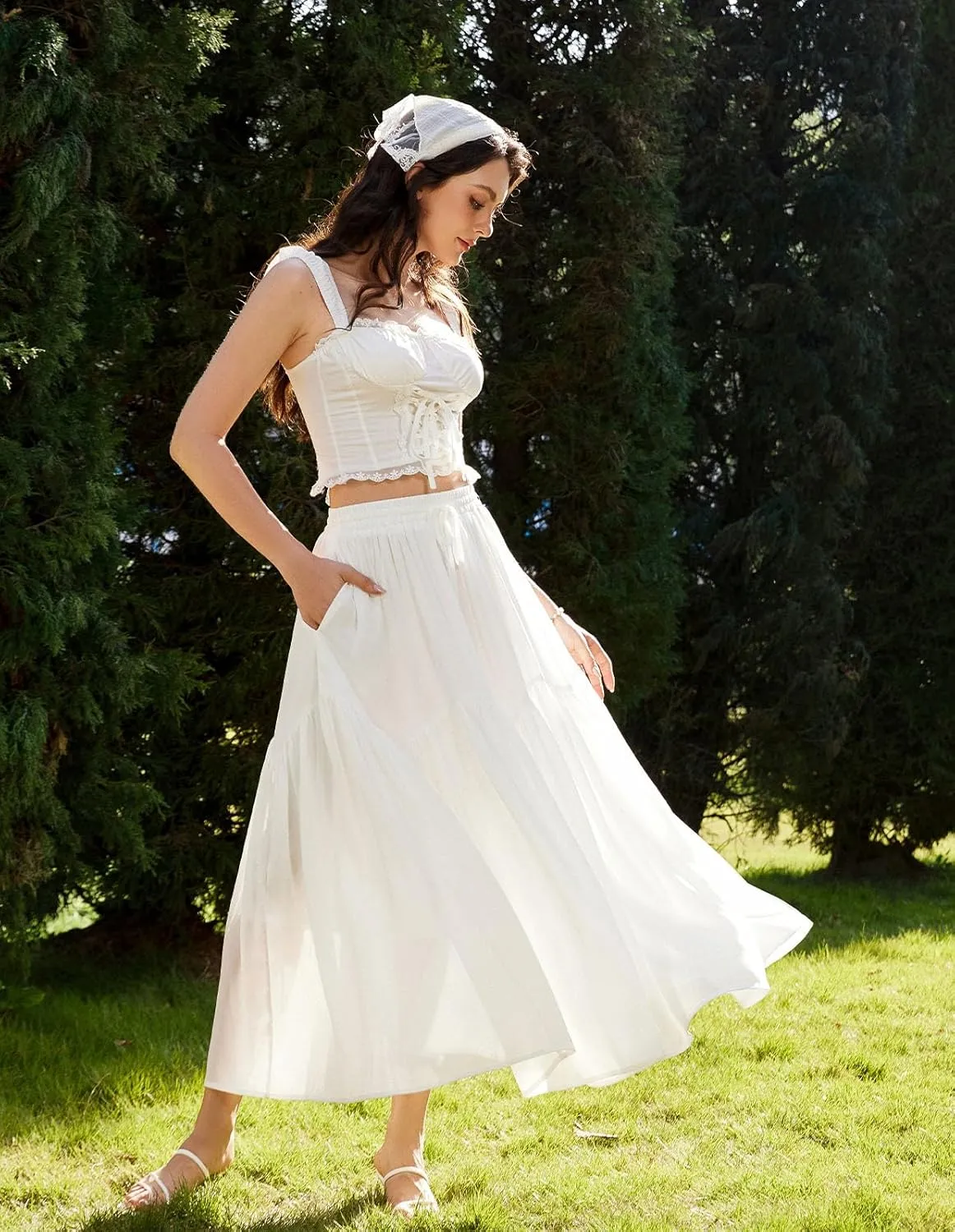 Scarlet Darkness Women Long Maxi Skirt Renaissance Tiered Flowy Elastic Waist Chiffon Skirts