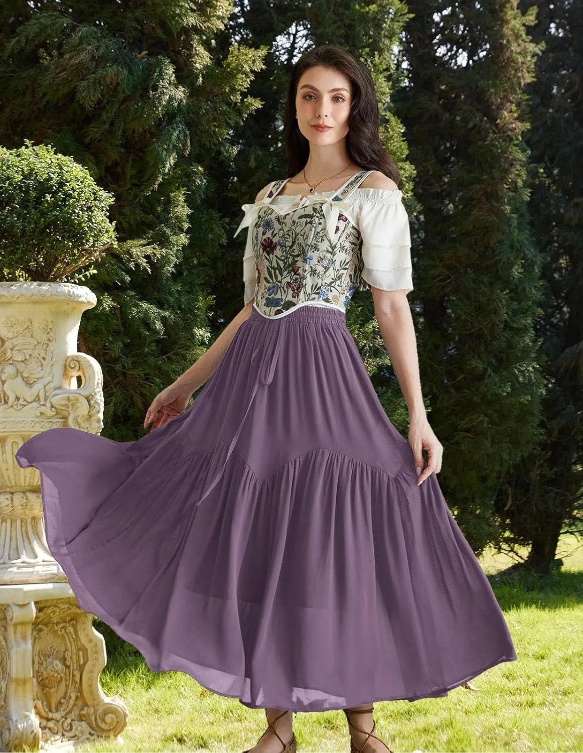 Scarlet Darkness Women Long Maxi Skirt Renaissance Tiered Flowy Elastic Waist Chiffon Skirts