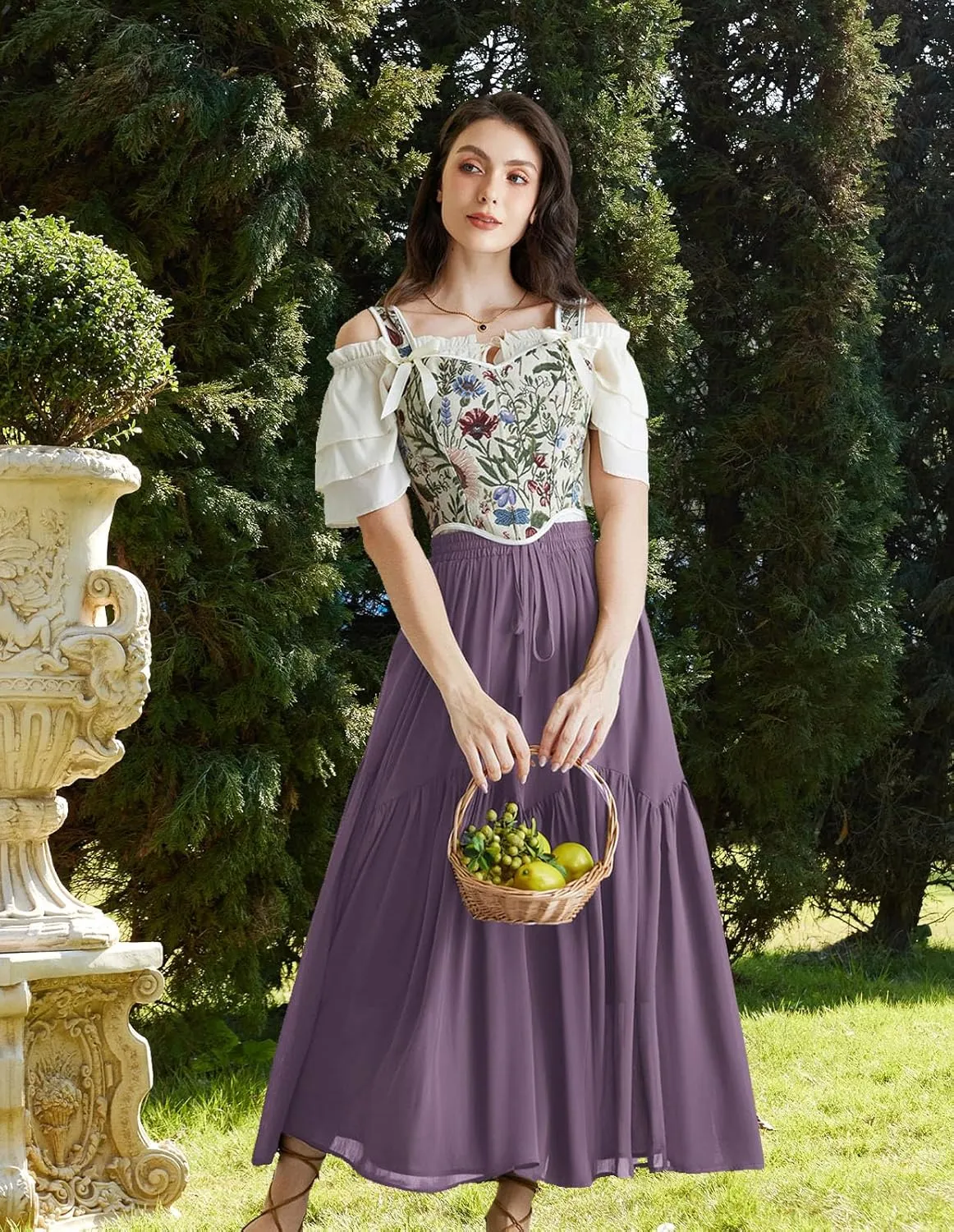 Scarlet Darkness Women Long Maxi Skirt Renaissance Tiered Flowy Elastic Waist Chiffon Skirts