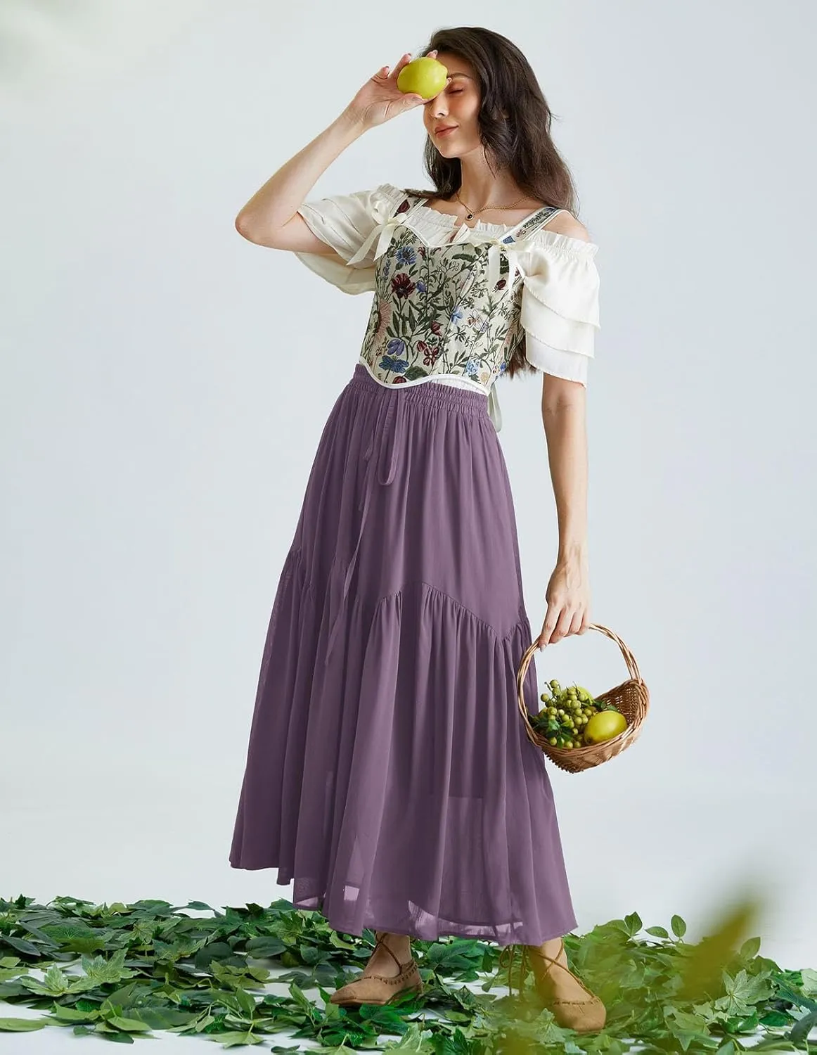 Scarlet Darkness Women Long Maxi Skirt Renaissance Tiered Flowy Elastic Waist Chiffon Skirts