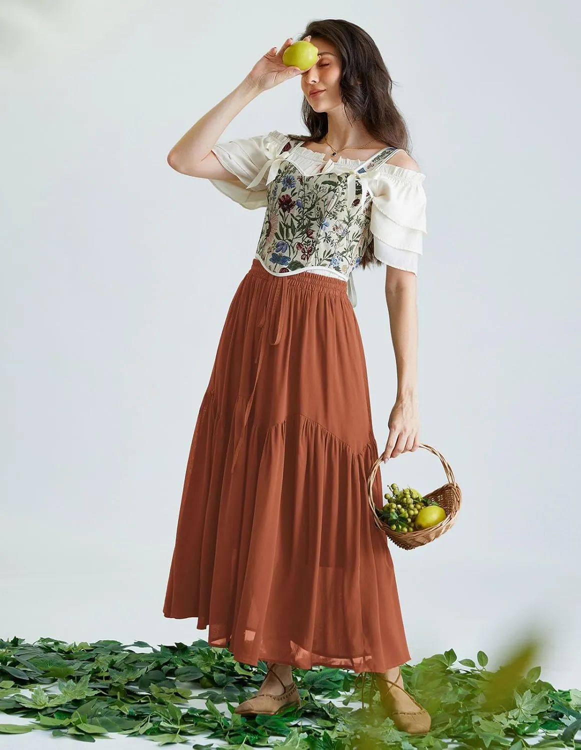 Scarlet Darkness Women Long Maxi Skirt Renaissance Tiered Flowy Elastic Waist Chiffon Skirts