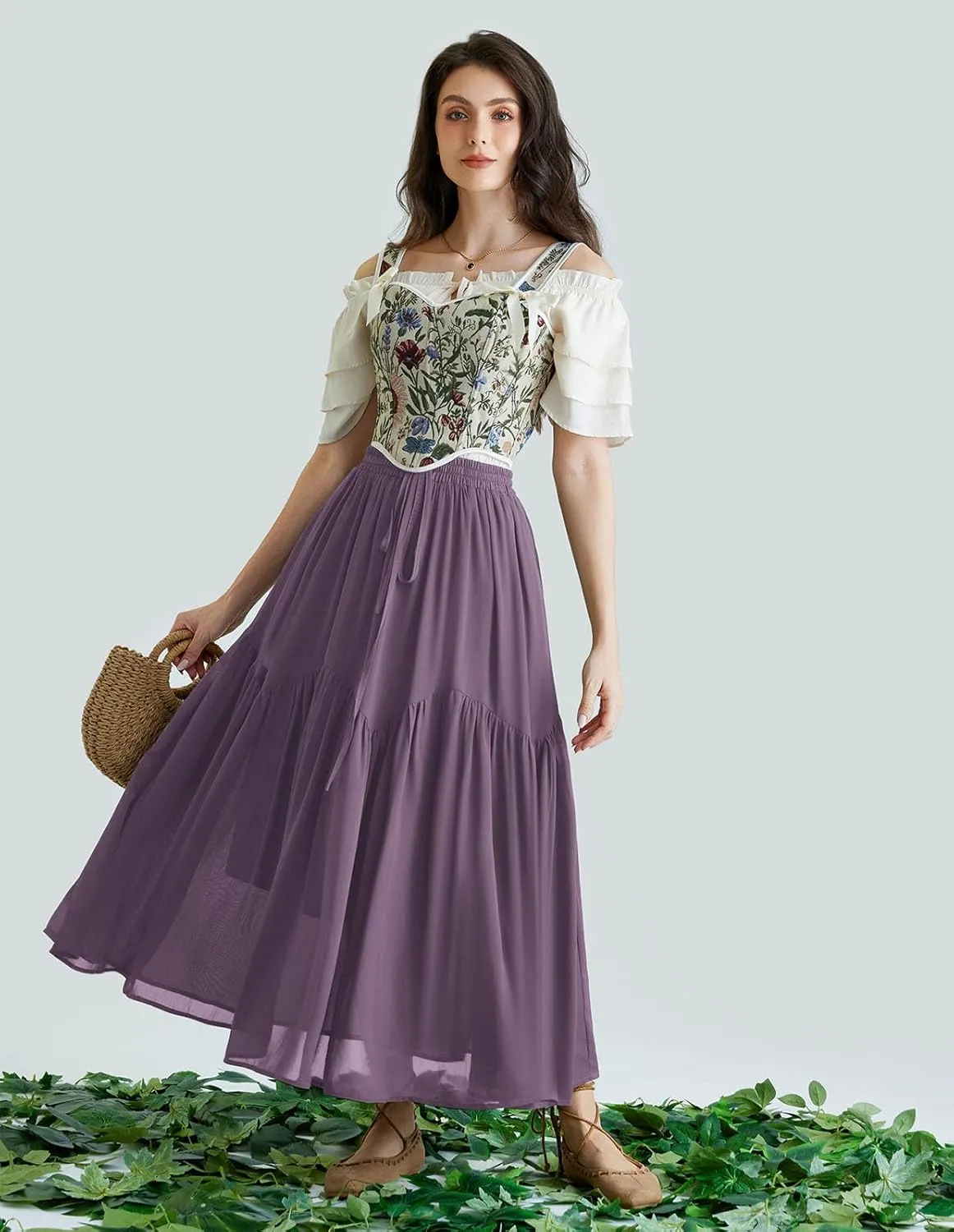 Scarlet Darkness Women Long Maxi Skirt Renaissance Tiered Flowy Elastic Waist Chiffon Skirts