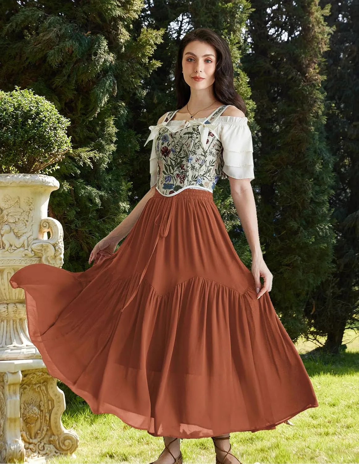 Scarlet Darkness Women Long Maxi Skirt Renaissance Tiered Flowy Elastic Waist Chiffon Skirts