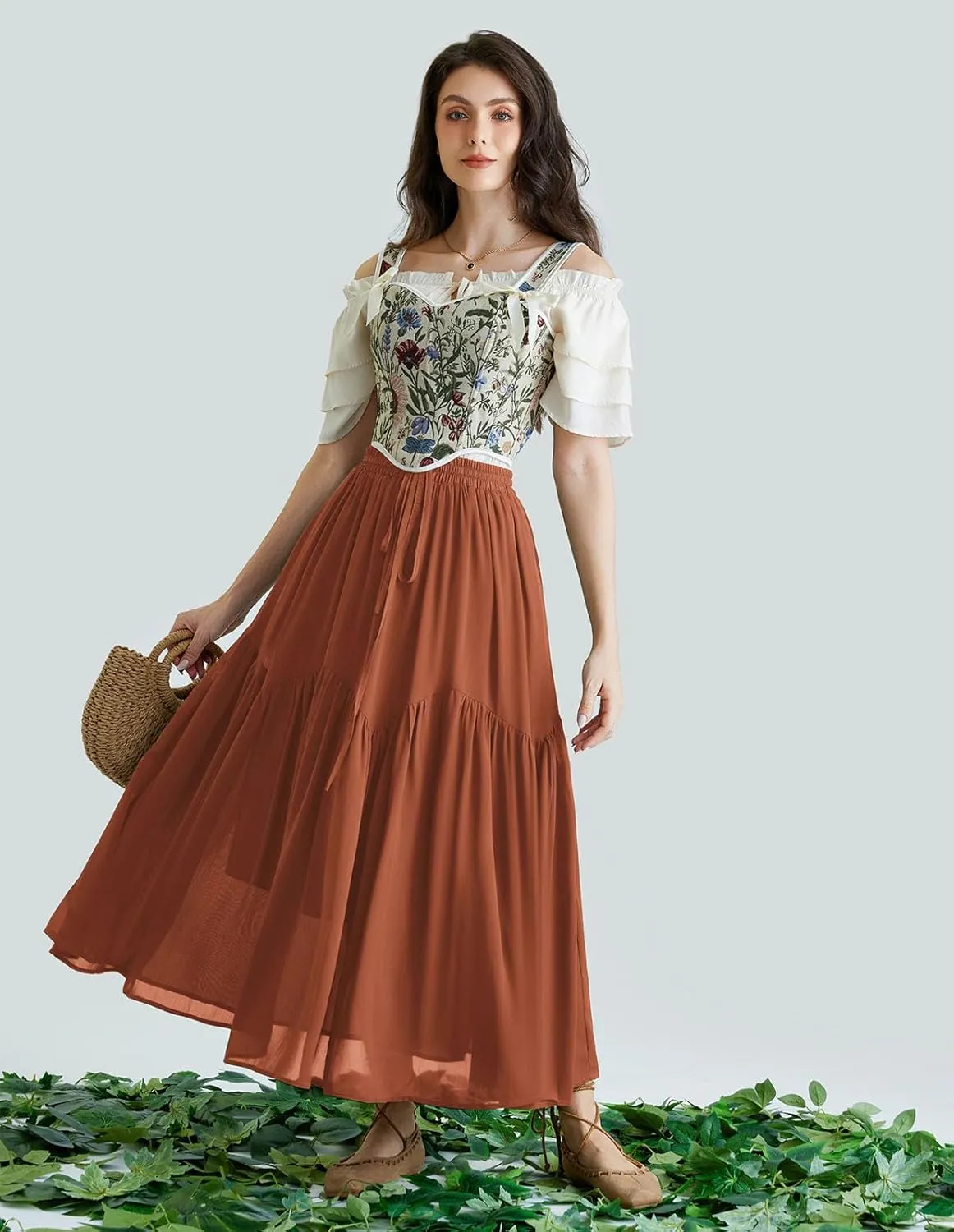Scarlet Darkness Women Long Maxi Skirt Renaissance Tiered Flowy Elastic Waist Chiffon Skirts