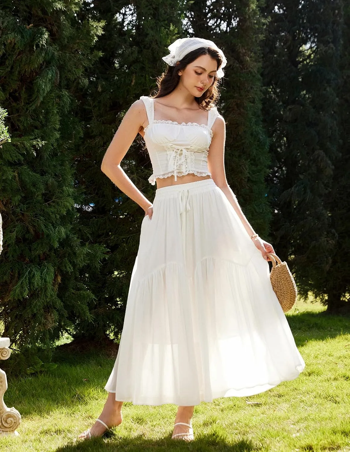 Scarlet Darkness Women Long Maxi Skirt Renaissance Tiered Flowy Elastic Waist Chiffon Skirts