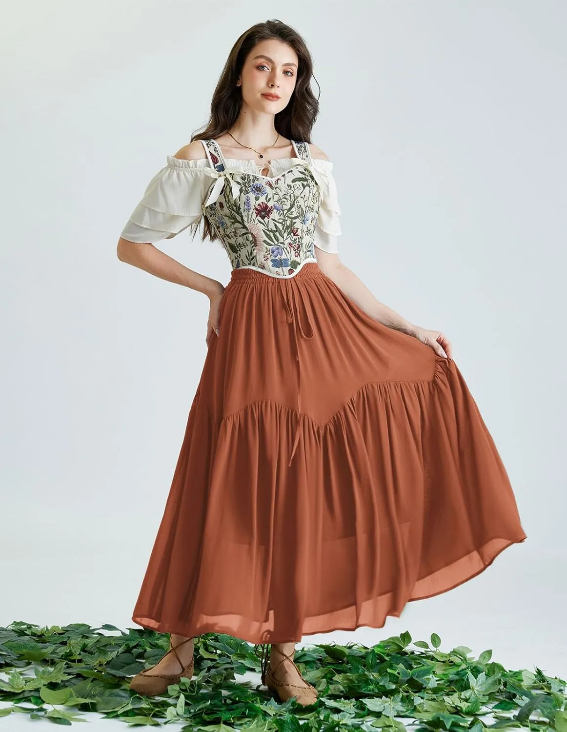 Scarlet Darkness Women Long Maxi Skirt Renaissance Tiered Flowy Elastic Waist Chiffon Skirts