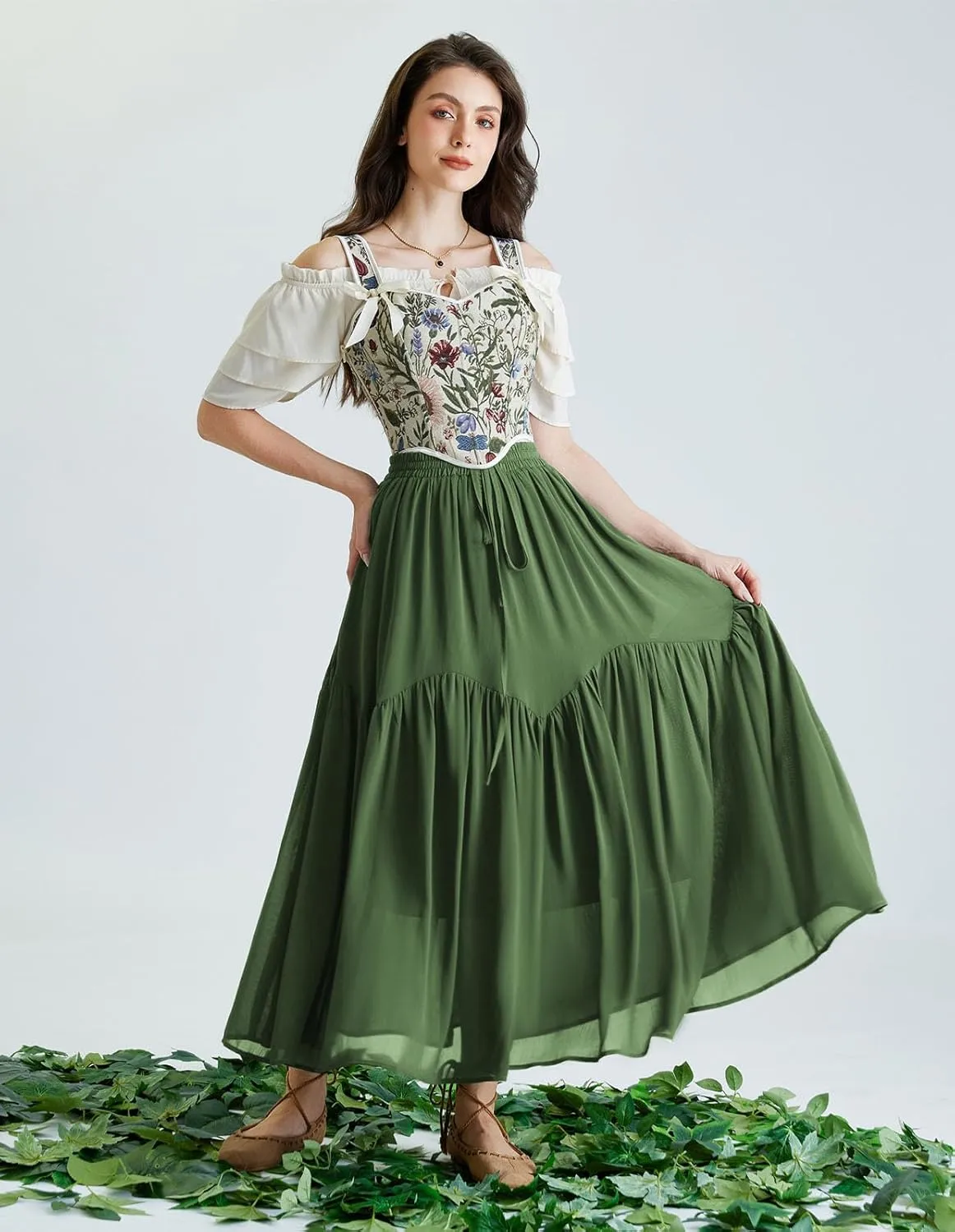 Scarlet Darkness Women Long Maxi Skirt Renaissance Tiered Flowy Elastic Waist Chiffon Skirts