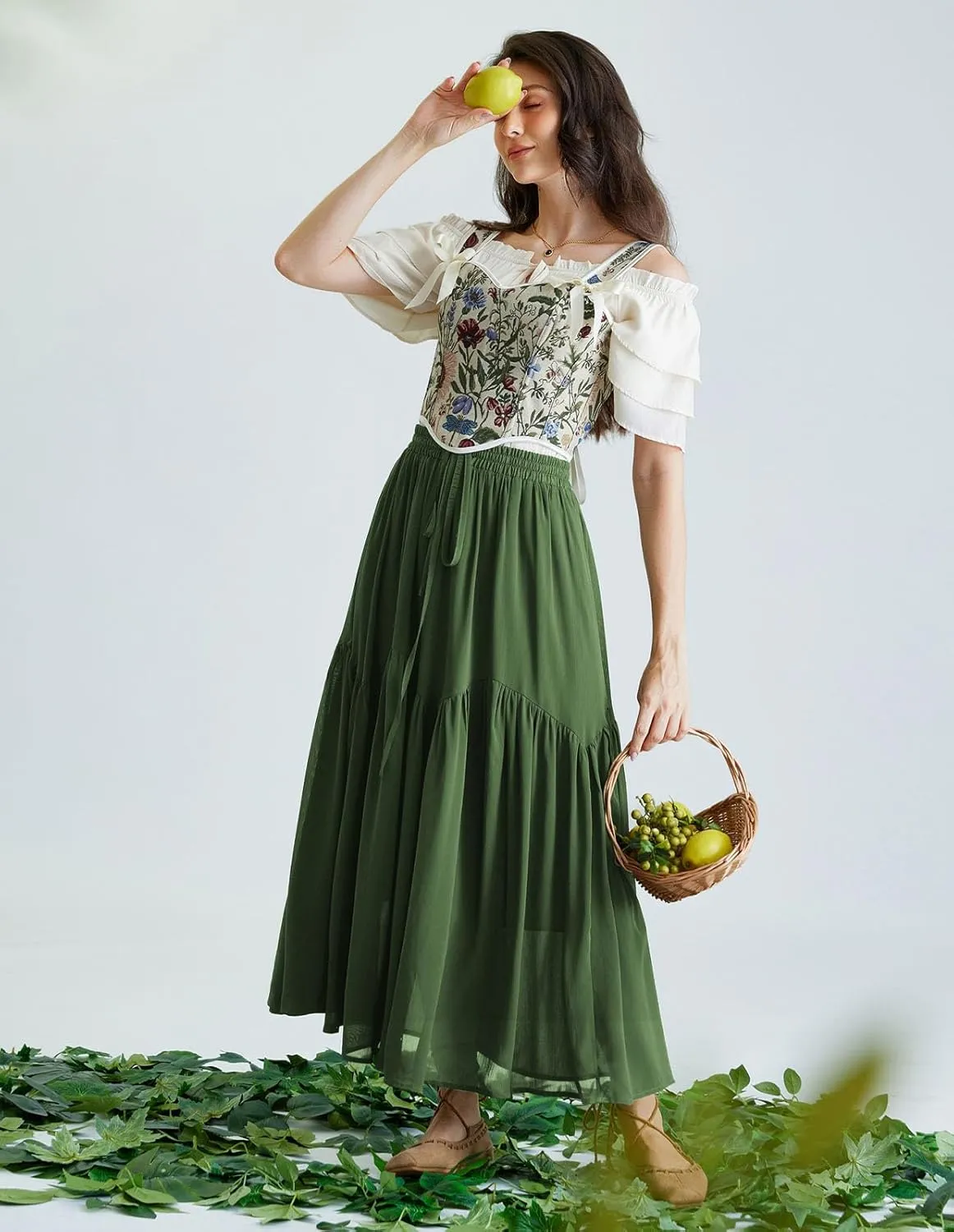Scarlet Darkness Women Long Maxi Skirt Renaissance Tiered Flowy Elastic Waist Chiffon Skirts