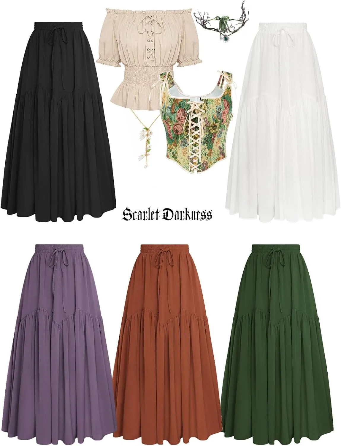 Scarlet Darkness Women Long Maxi Skirt Renaissance Tiered Flowy Elastic Waist Chiffon Skirts