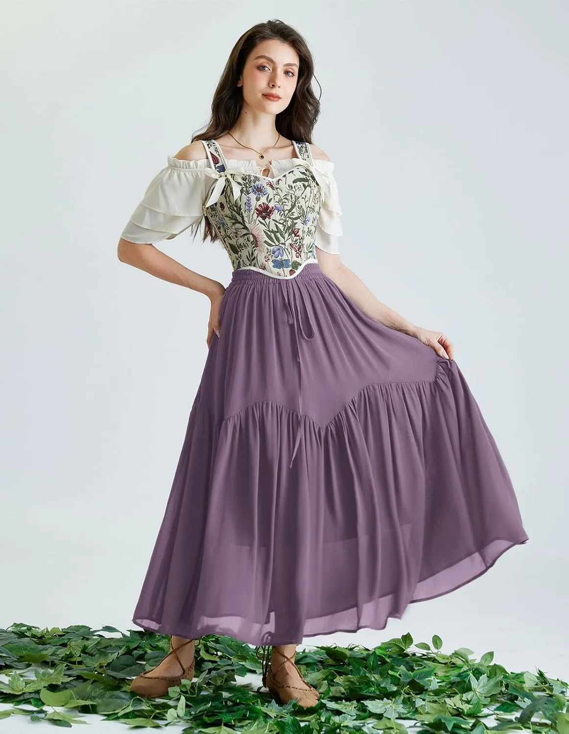 Scarlet Darkness Women Long Maxi Skirt Renaissance Tiered Flowy Elastic Waist Chiffon Skirts