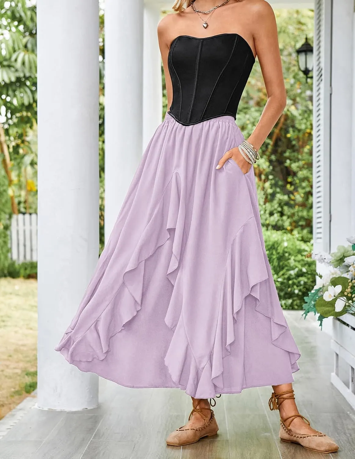 Scarlet Darkness Women Renaissance Long Maxi Skirt Double Layered Ruffled Irregular Chiffon Skirts