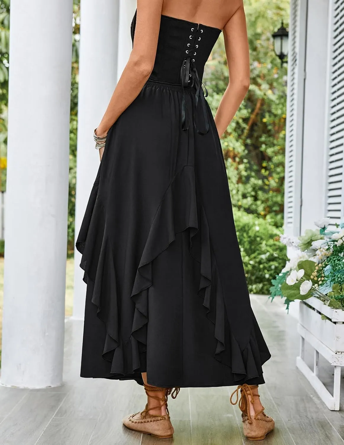 Scarlet Darkness Women Renaissance Long Maxi Skirt Double Layered Ruffled Irregular Chiffon Skirts