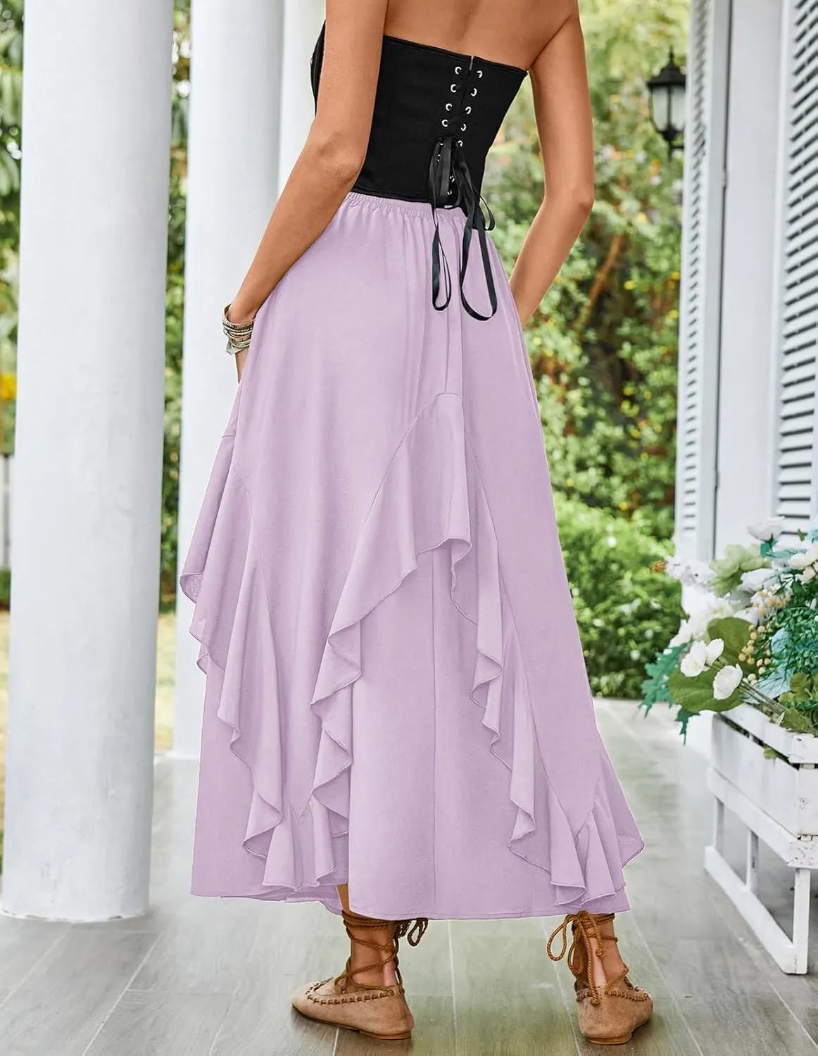 Scarlet Darkness Women Renaissance Long Maxi Skirt Double Layered Ruffled Irregular Chiffon Skirts