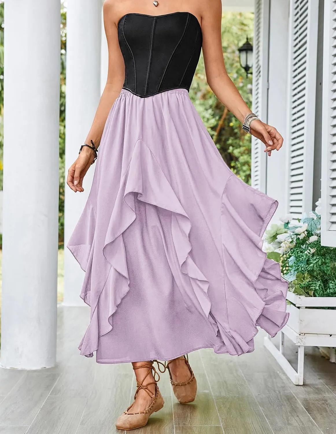 Scarlet Darkness Women Renaissance Long Maxi Skirt Double Layered Ruffled Irregular Chiffon Skirts