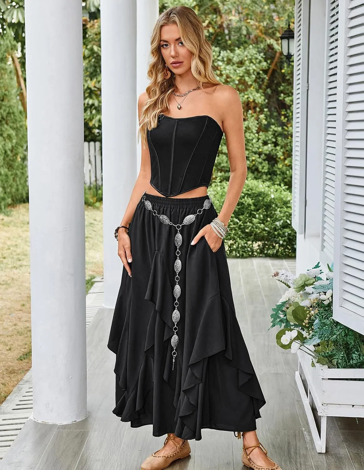 Scarlet Darkness Women Renaissance Long Maxi Skirt Double Layered Ruffled Irregular Chiffon Skirts