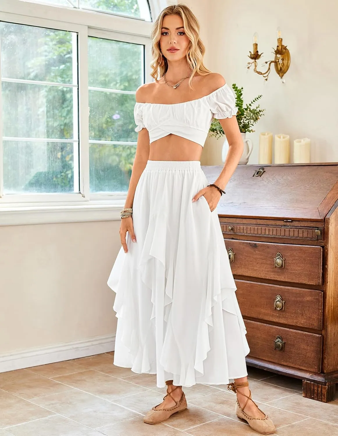 Scarlet Darkness Women Renaissance Long Maxi Skirt Double Layered Ruffled Irregular Chiffon Skirts