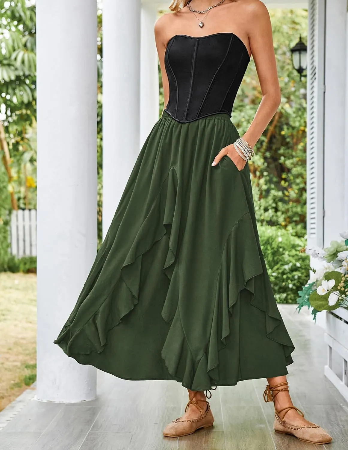 Scarlet Darkness Women Renaissance Long Maxi Skirt Double Layered Ruffled Irregular Chiffon Skirts