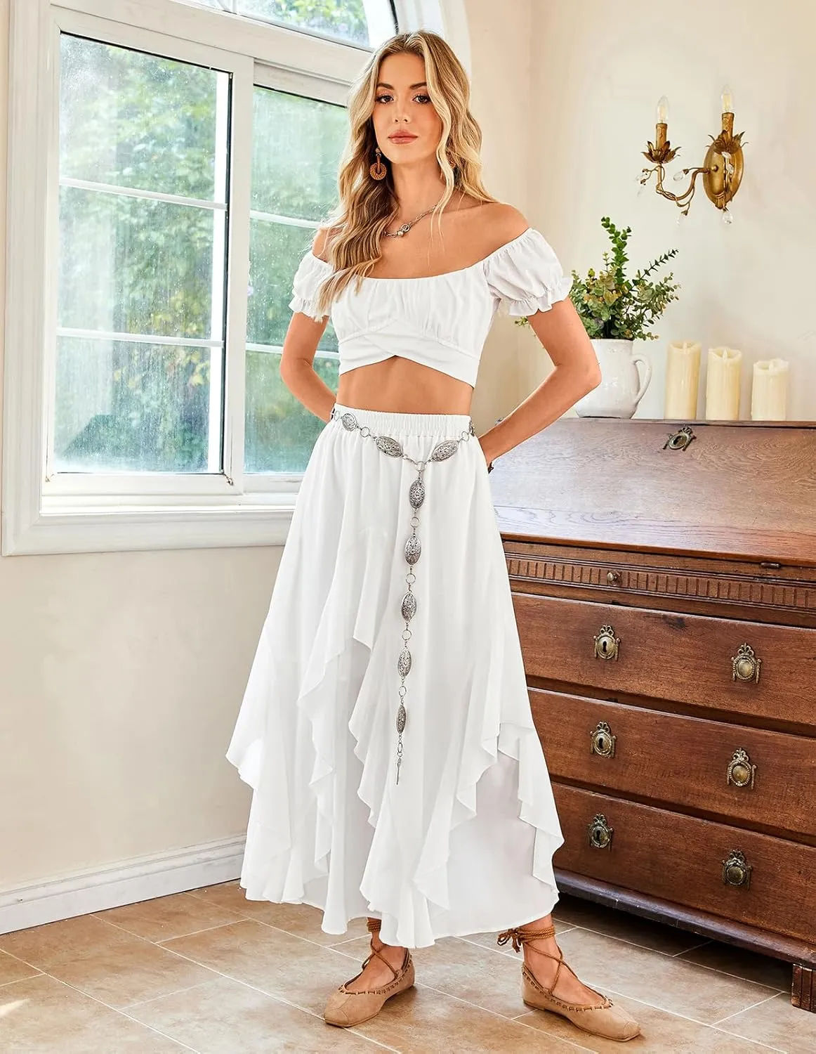 Scarlet Darkness Women Renaissance Long Maxi Skirt Double Layered Ruffled Irregular Chiffon Skirts