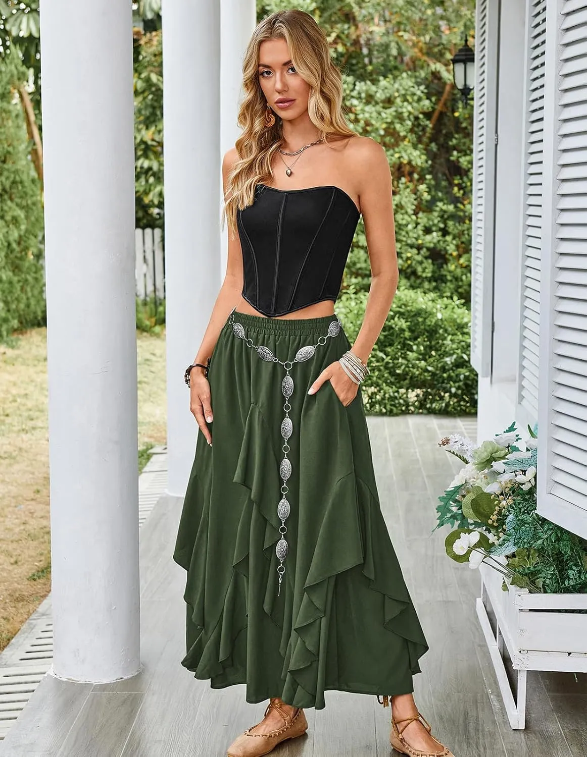 Scarlet Darkness Women Renaissance Long Maxi Skirt Double Layered Ruffled Irregular Chiffon Skirts