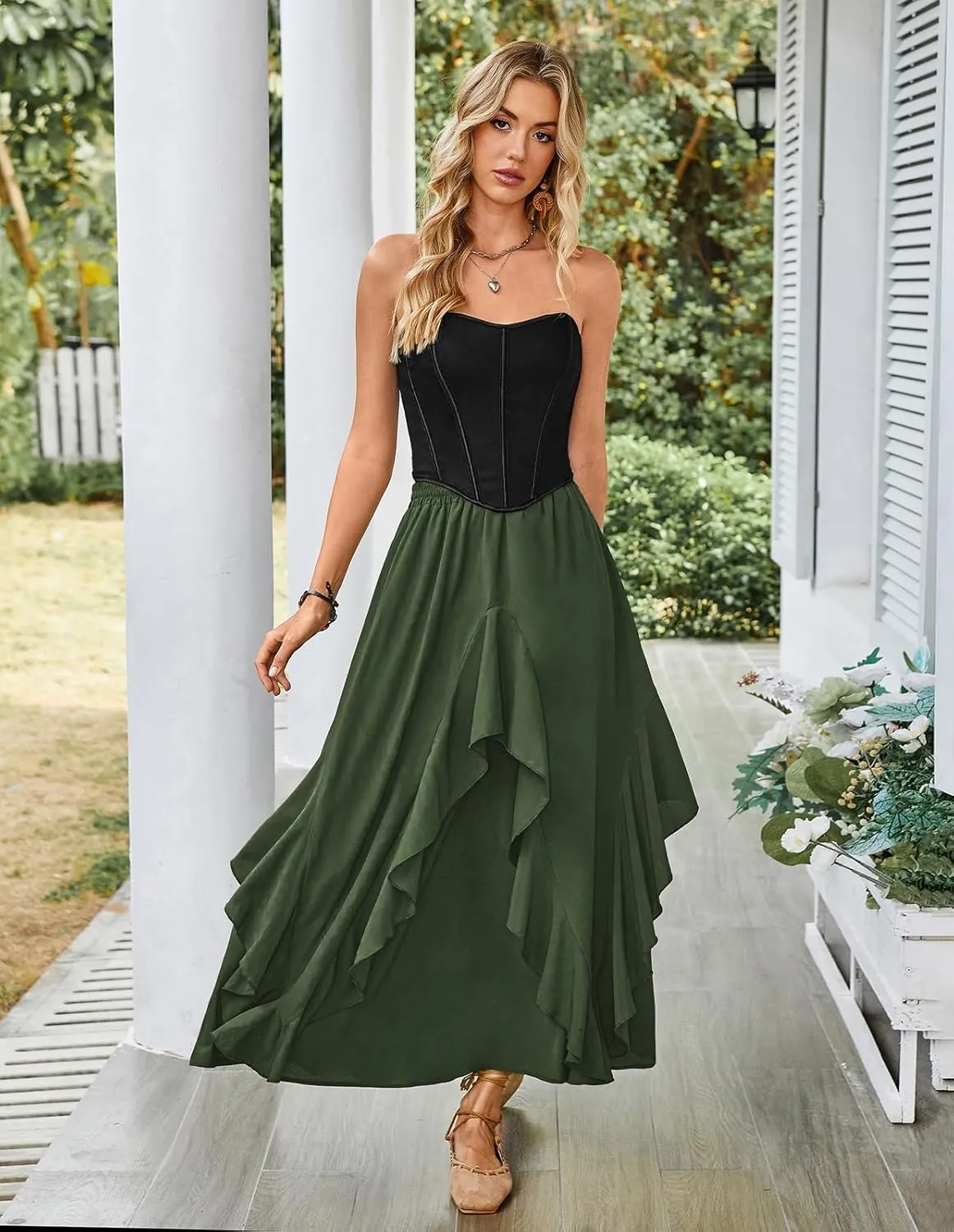 Scarlet Darkness Women Renaissance Long Maxi Skirt Double Layered Ruffled Irregular Chiffon Skirts