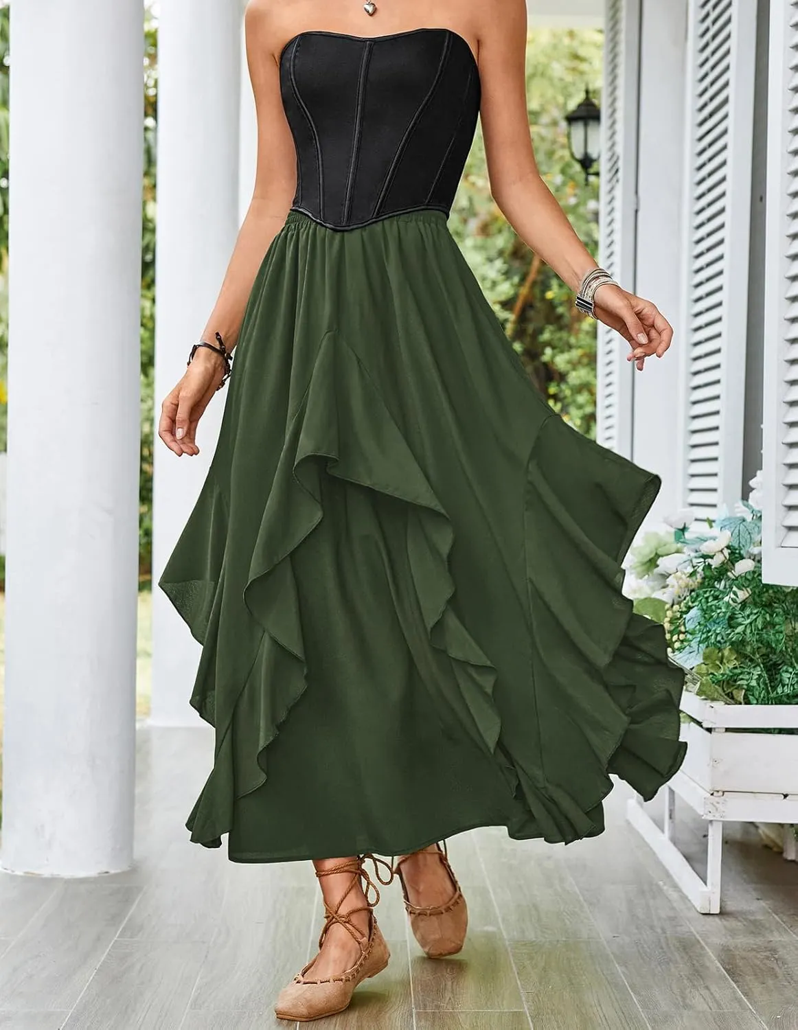 Scarlet Darkness Women Renaissance Long Maxi Skirt Double Layered Ruffled Irregular Chiffon Skirts