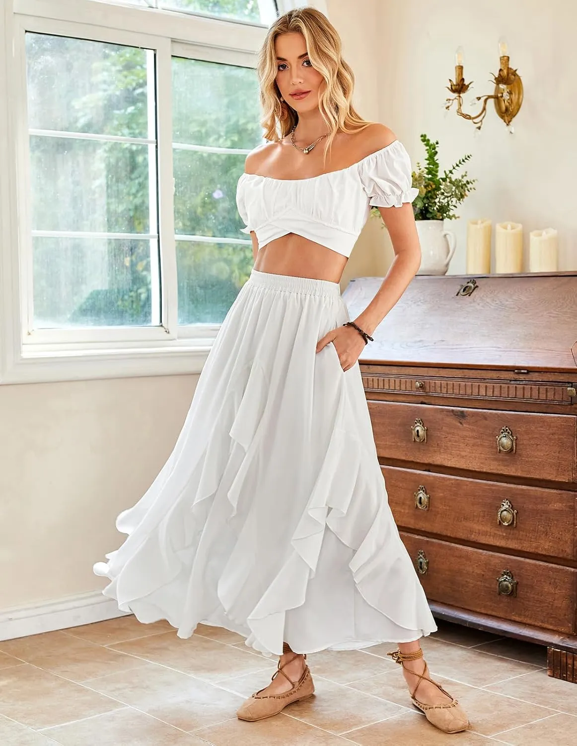 Scarlet Darkness Women Renaissance Long Maxi Skirt Double Layered Ruffled Irregular Chiffon Skirts