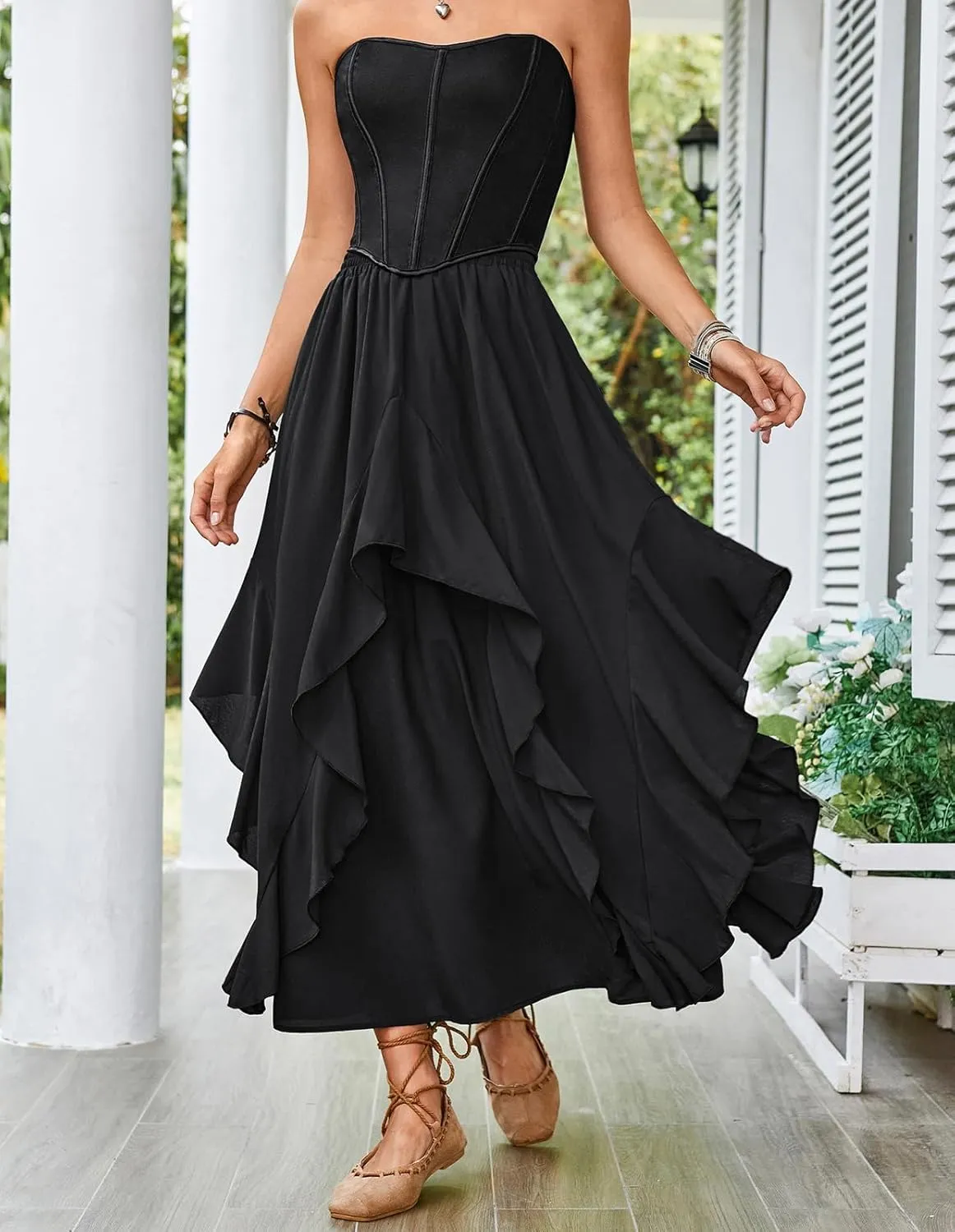 Scarlet Darkness Women Renaissance Long Maxi Skirt Double Layered Ruffled Irregular Chiffon Skirts