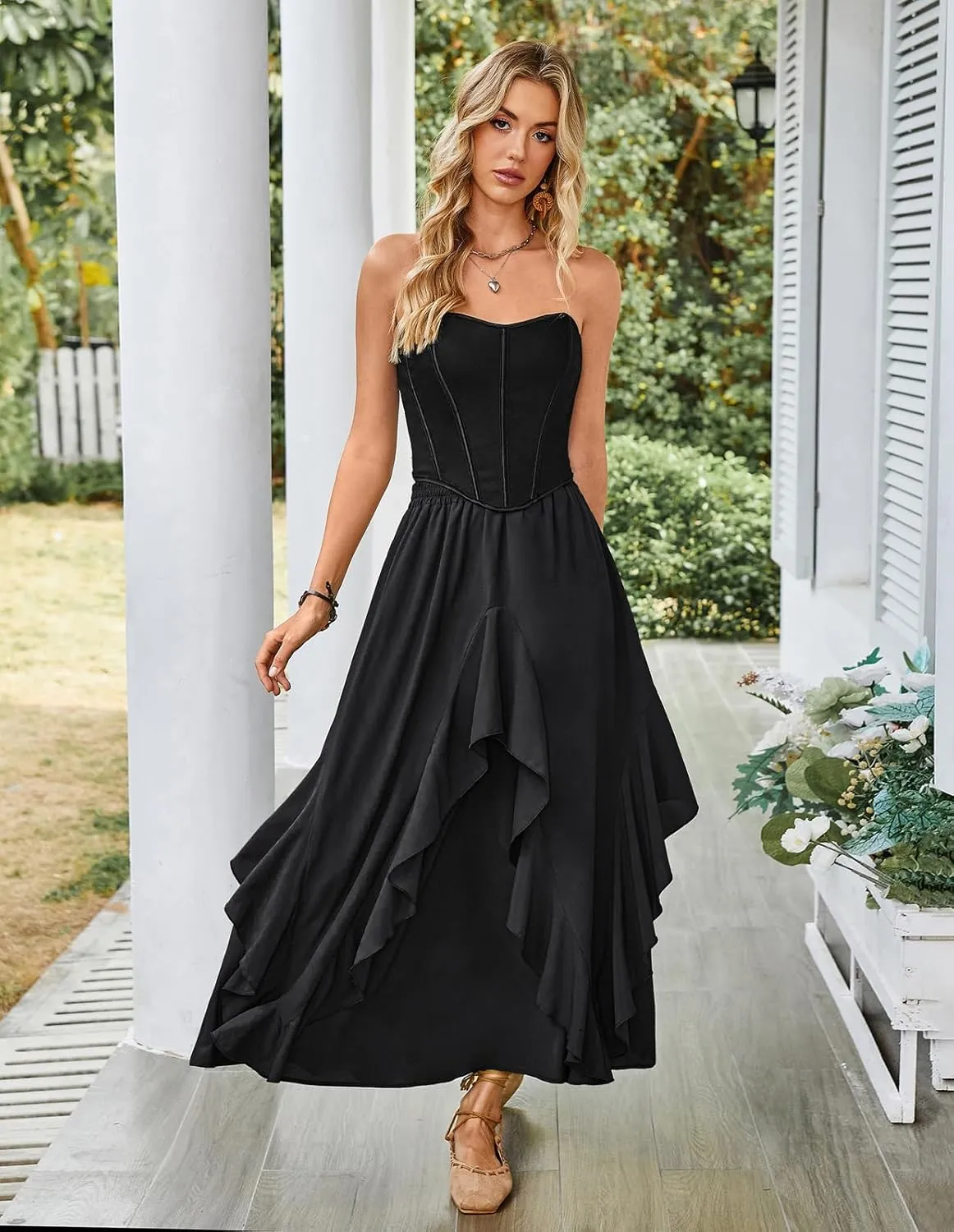 Scarlet Darkness Women Renaissance Long Maxi Skirt Double Layered Ruffled Irregular Chiffon Skirts