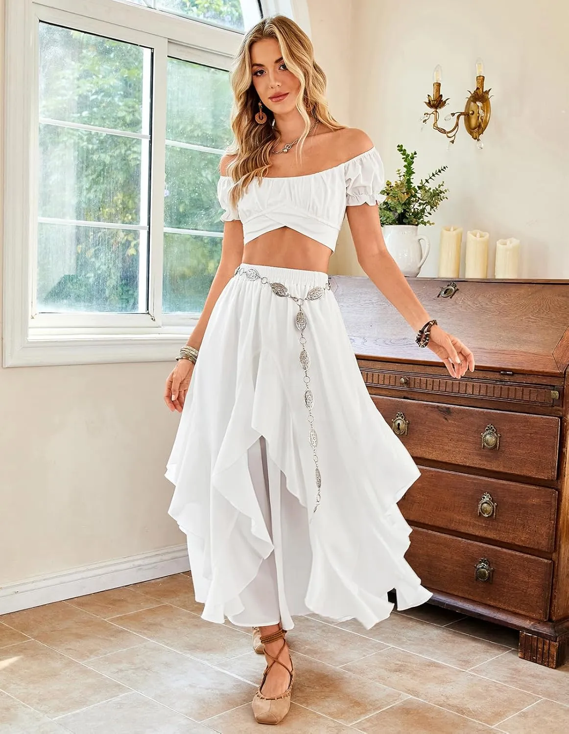 Scarlet Darkness Women Renaissance Long Maxi Skirt Double Layered Ruffled Irregular Chiffon Skirts