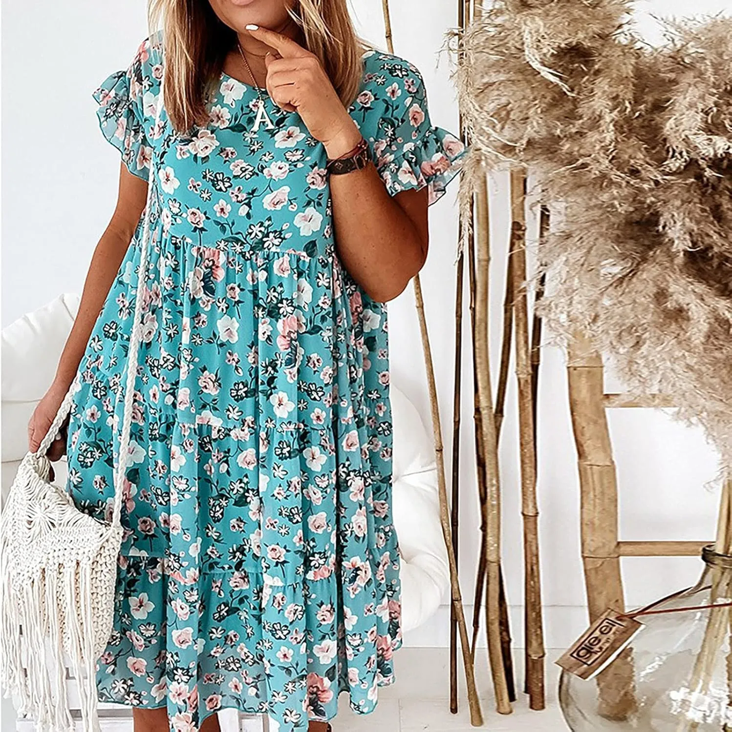 Short Sleeve Summer Dresses for Women 2025 Vacation Beach Floral Ruffles Boho Sundresses Loose Fit Crewneck Mini Dress