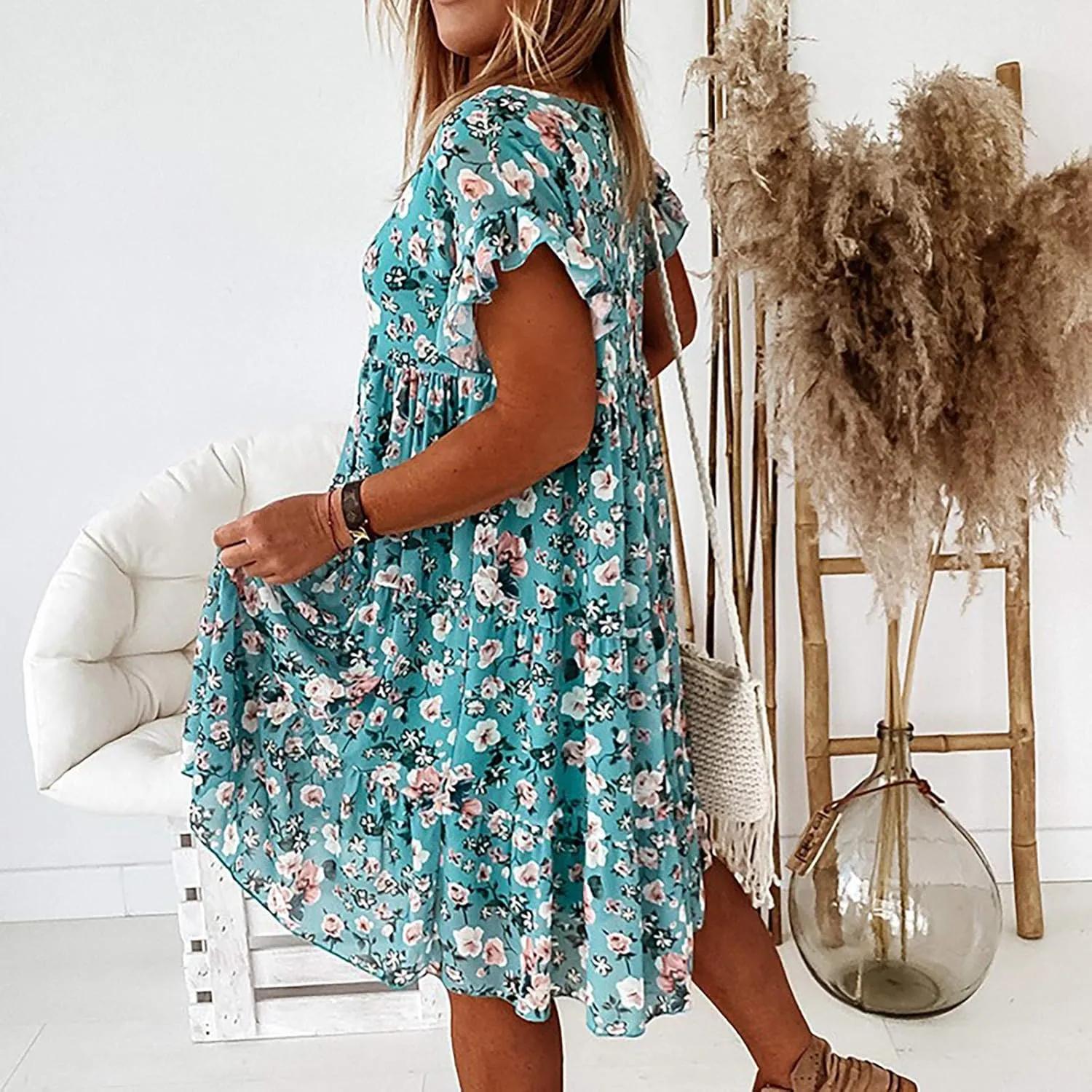 Short Sleeve Summer Dresses for Women 2025 Vacation Beach Floral Ruffles Boho Sundresses Loose Fit Crewneck Mini Dress