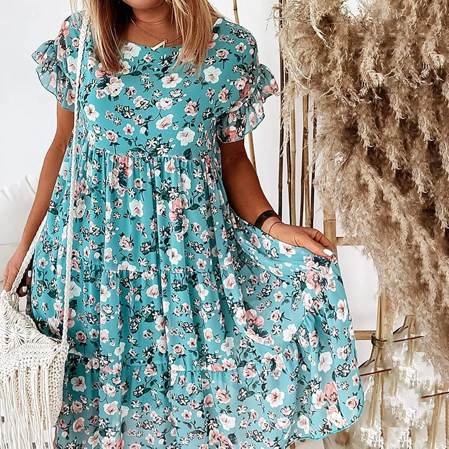 Short Sleeve Summer Dresses for Women 2025 Vacation Beach Floral Ruffles Boho Sundresses Loose Fit Crewneck Mini Dress