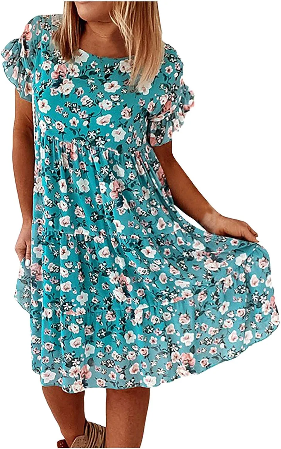 Short Sleeve Summer Dresses for Women 2025 Vacation Beach Floral Ruffles Boho Sundresses Loose Fit Crewneck Mini Dress