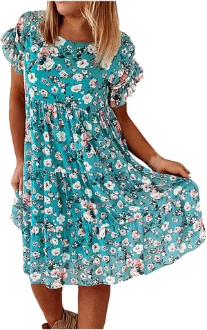 Short Sleeve Summer Dresses for Women 2025 Vacation Beach Floral Ruffles Boho Sundresses Loose Fit Crewneck Mini Dress