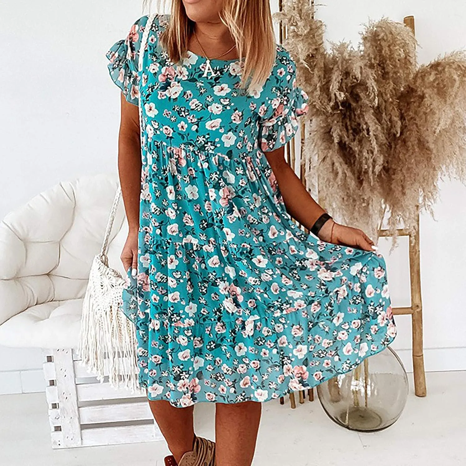Short Sleeve Summer Dresses for Women 2025 Vacation Beach Floral Ruffles Boho Sundresses Loose Fit Crewneck Mini Dress