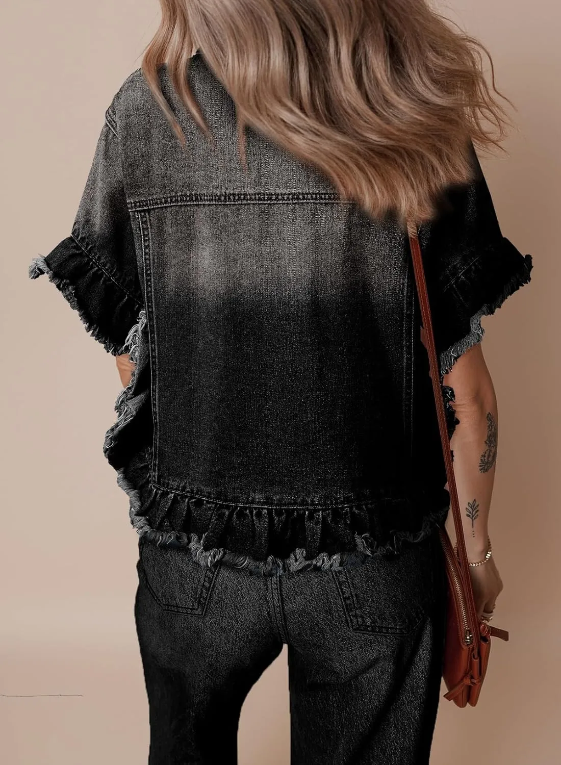 Sidefeel Womens Denim Jackets Casual Short Sleeve Button Down Trendy Ruffle Washed Jean Jackets Coat