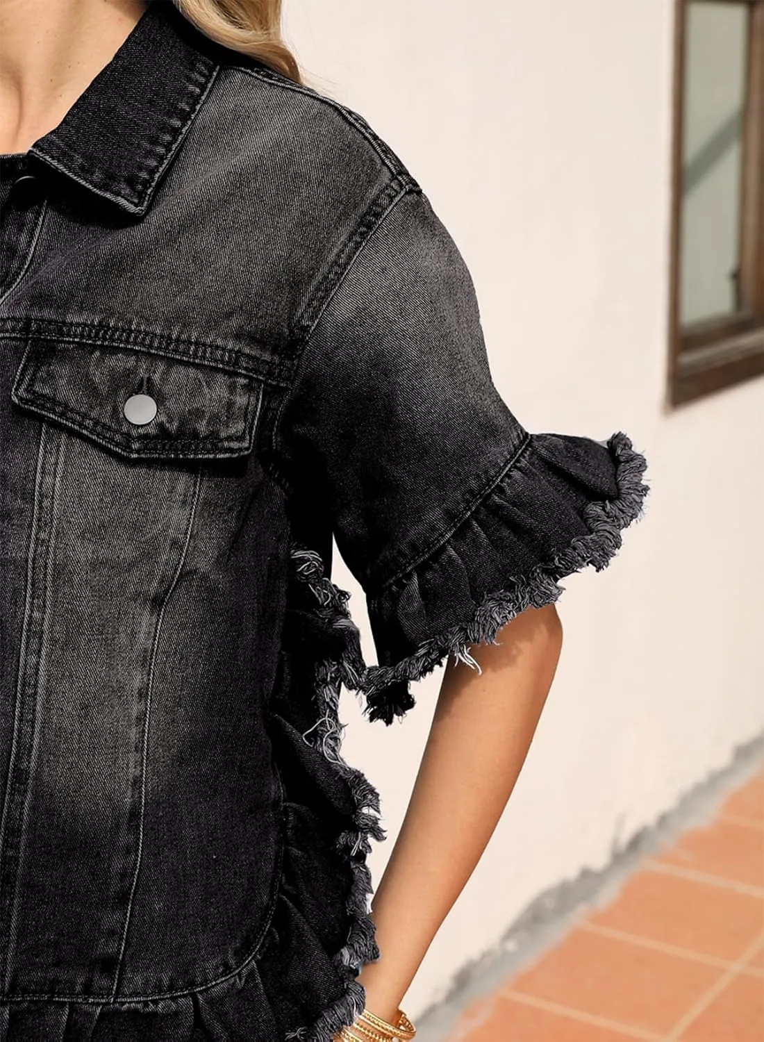 Sidefeel Womens Denim Jackets Casual Short Sleeve Button Down Trendy Ruffle Washed Jean Jackets Coat