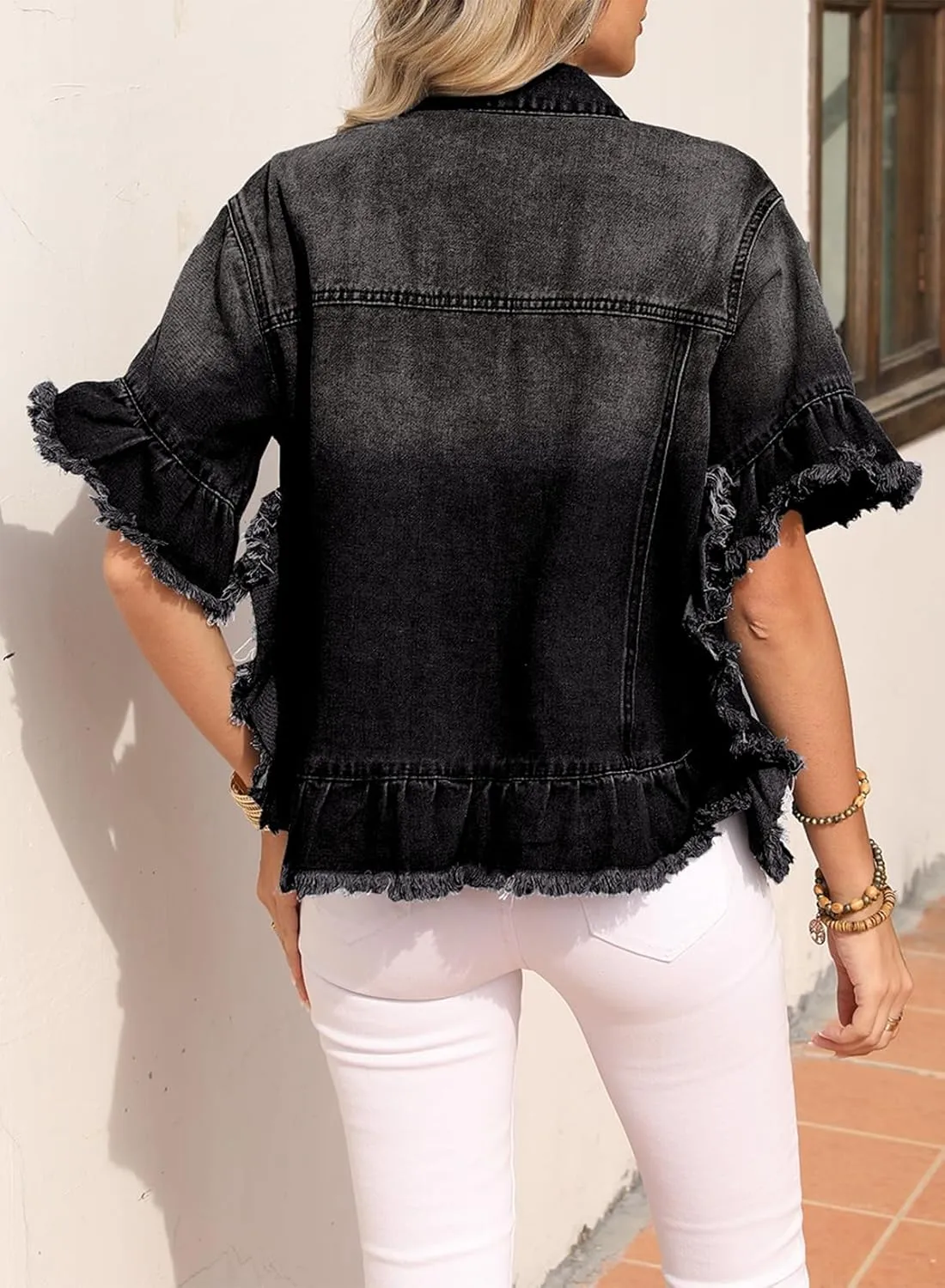 Sidefeel Womens Denim Jackets Casual Short Sleeve Button Down Trendy Ruffle Washed Jean Jackets Coat