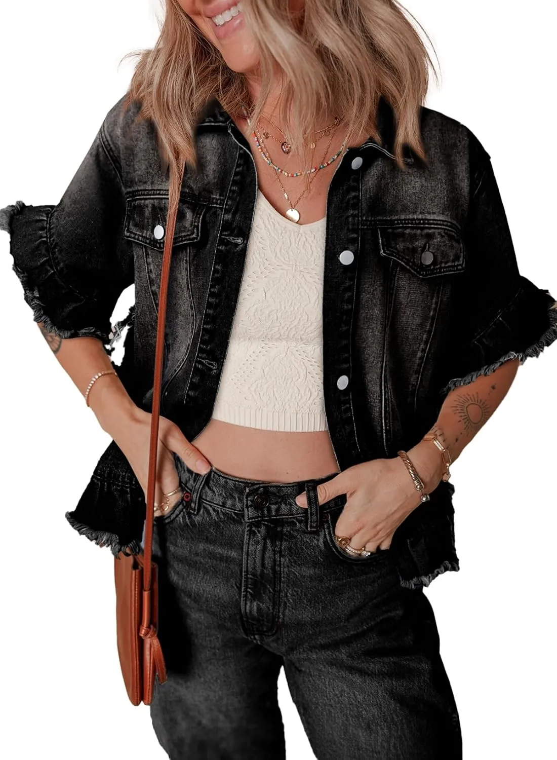 Sidefeel Womens Denim Jackets Casual Short Sleeve Button Down Trendy Ruffle Washed Jean Jackets Coat