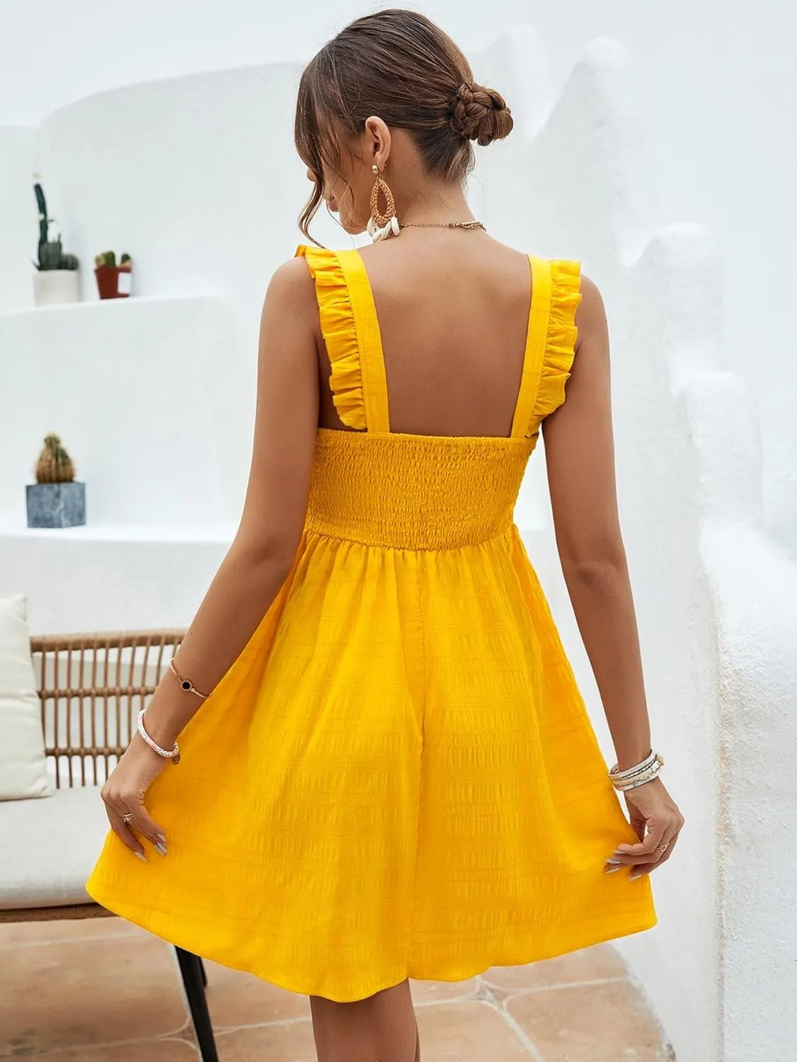SISKIN Women's Summer Spaghetti Strap Sleeveless Square Neck Ruffle A Line Swing Mini Dress 2025