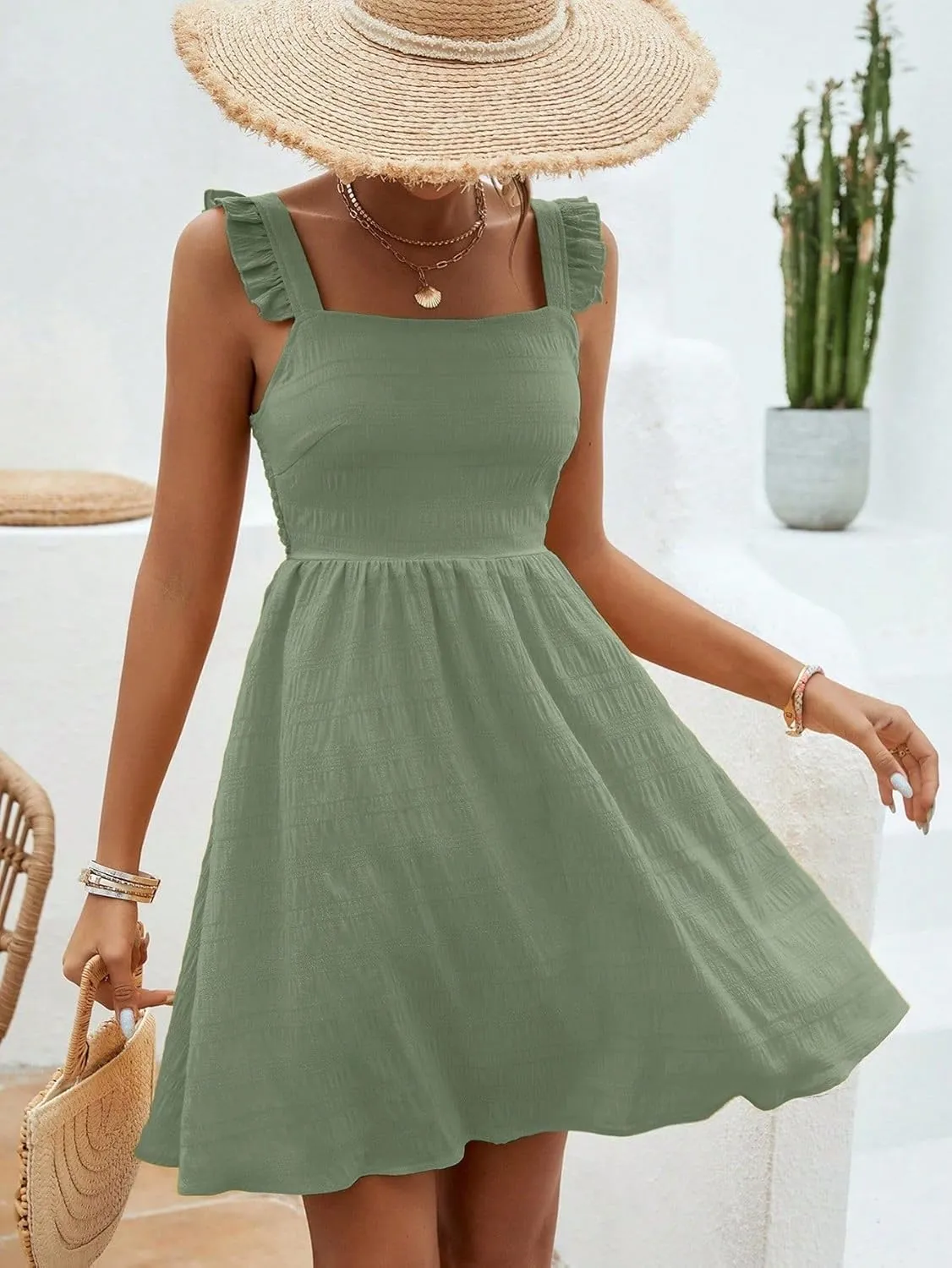 SISKIN Women's Summer Spaghetti Strap Sleeveless Square Neck Ruffle A Line Swing Mini Dress 2025