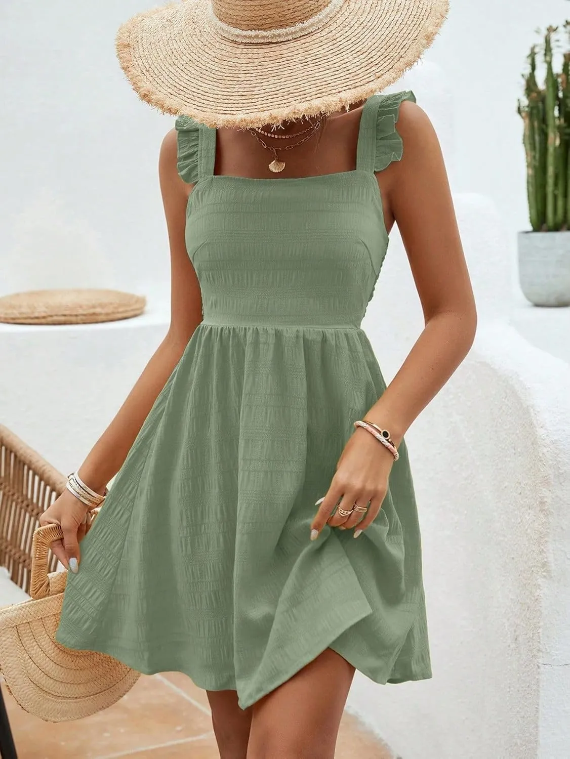 SISKIN Women's Summer Spaghetti Strap Sleeveless Square Neck Ruffle A Line Swing Mini Dress 2025