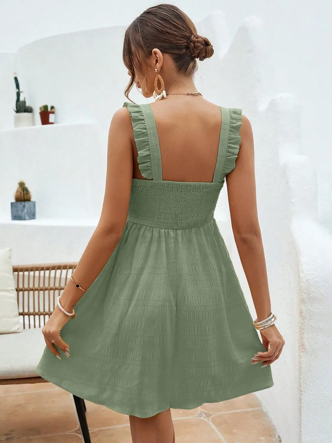 SISKIN Women's Summer Spaghetti Strap Sleeveless Square Neck Ruffle A Line Swing Mini Dress 2025