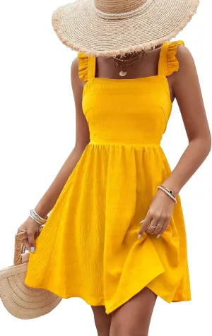 SISKIN Women's Summer Spaghetti Strap Sleeveless Square Neck Ruffle A Line Swing Mini Dress 2025