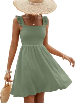 SISKIN Women's Summer Spaghetti Strap Sleeveless Square Neck Ruffle A Line Swing Mini Dress 2025